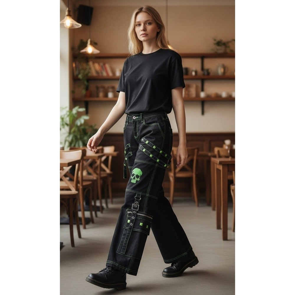 Hot Topic Skull Cargo Pants wmn 11 Black Contrast Stitch Mall Goth 32829508